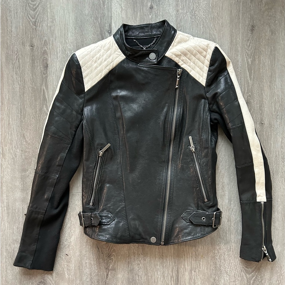Black and Cream Women's Leather Jacket